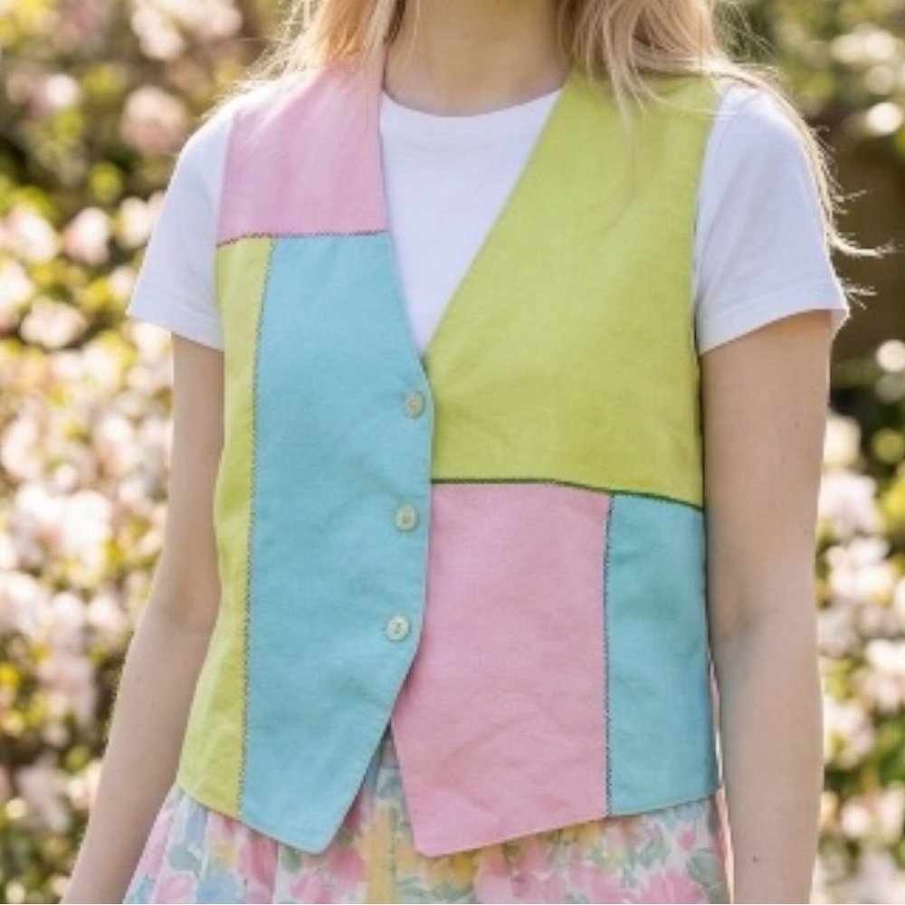 Vintage Patchwork Colorblock Button Vest 80s 90s Hippie Boho Cottagecore SZ 6
